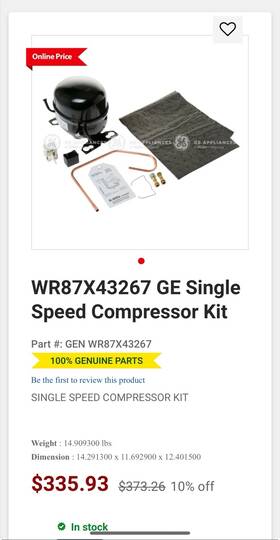 Wr87x43267 Ge Single Speed Compressor Kit New Open Box Wr87x43267 Ge Single Speed Compressor Kit New Open Box