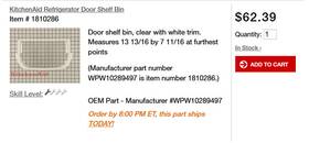 10289497 Kitchenaid Refrigerator Door Shelf Bin Oem #10289497 10289497 Kitchenaid Refrigerator Door Shelf Bin Oem #10289497