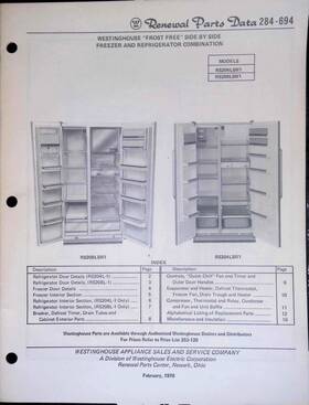 Rs208lsw1 Nan 284-694 Westinghouse Rs204lsw1 1970 Frost Free Parts Manual Newark Ohio