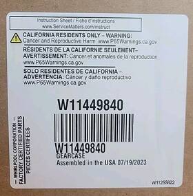 W11423758 Whirlpool W11449840 New Open Box Genuine Appliance Gearcase Replaces