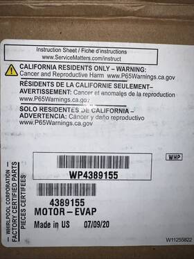 Wp4389155 Whirlpool Genuine New In Box Evaporator Fan Motor Oem