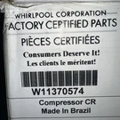 Whirlpool Refrigerator Compressor W11370574. Fixed Price $130.00.